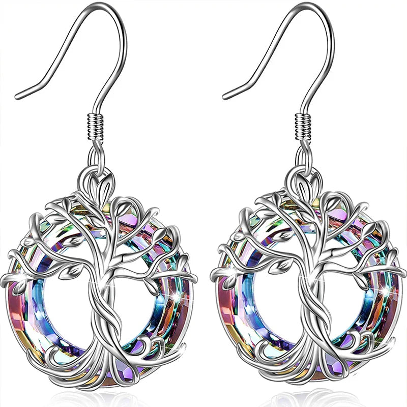 Tree of Life Drop Earrings with Purple & Aurora Crystals