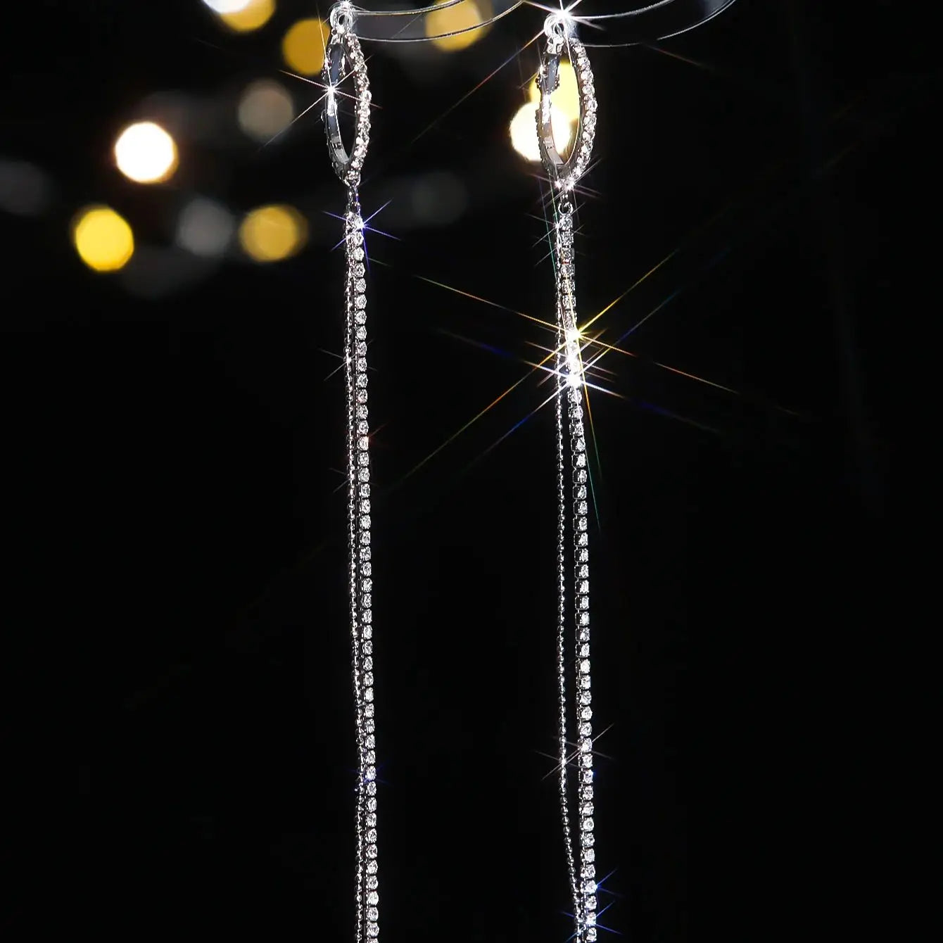 Rhinestones-Studded Silver Tassel Drop Earrings