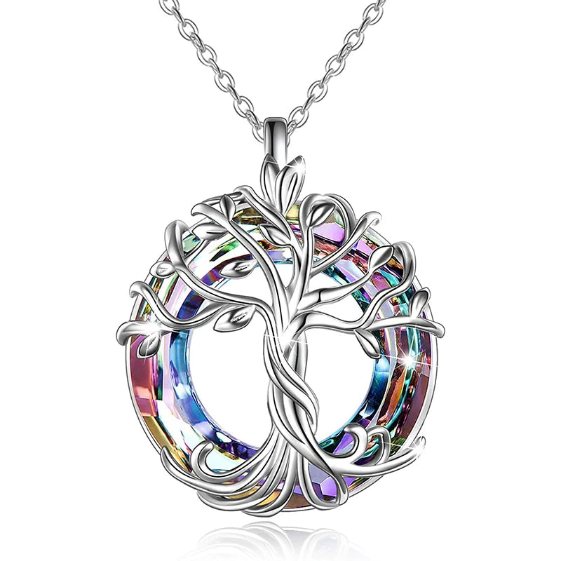 Tree of Life Drop Earrings with Purple & Aurora Crystals
