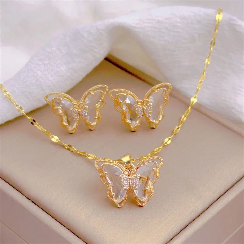 Butterfly Necklace & Earrings - Gold-Plated SS Jewelry Set