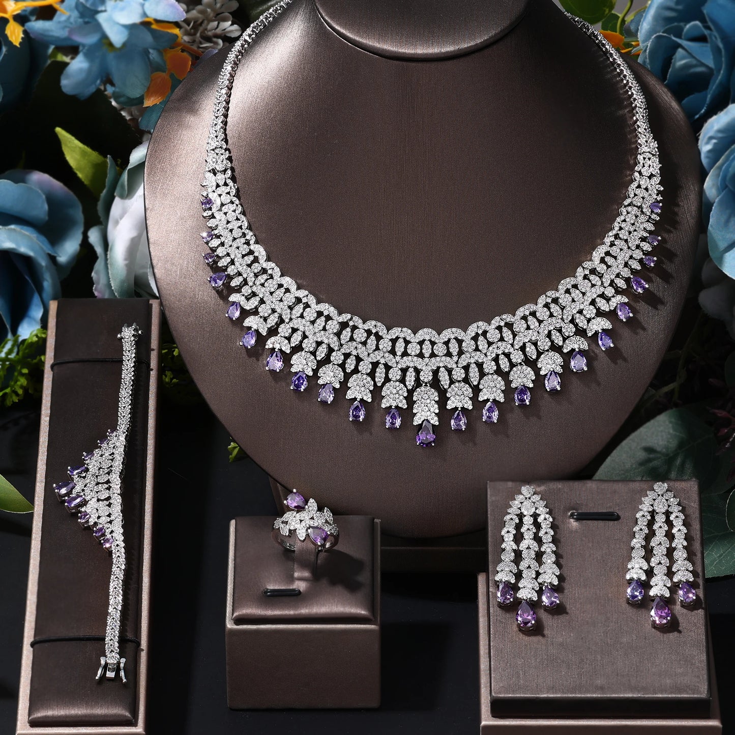 Luxury Cubic Zirconia Jewelry Set – Necklace, Ring, Bracelet & Earrings (Dubai Style)