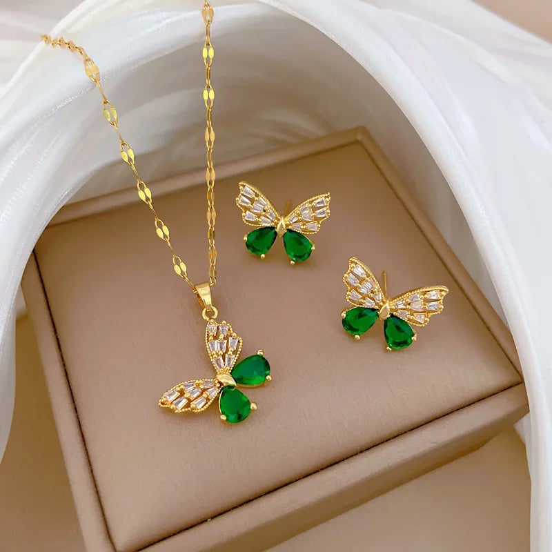 Green Butterfly Jewelry Set