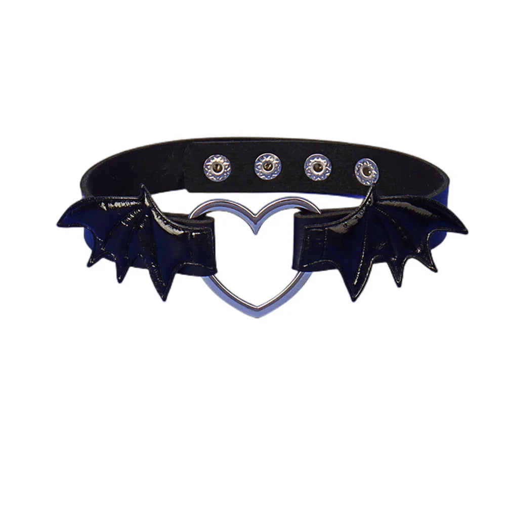 Gothic Bat Wing Choker - Leather Collar with Heart Pendant
