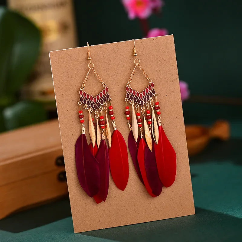 Bohemian Feather Dangle Earrings Long Tassel Colorful Beads