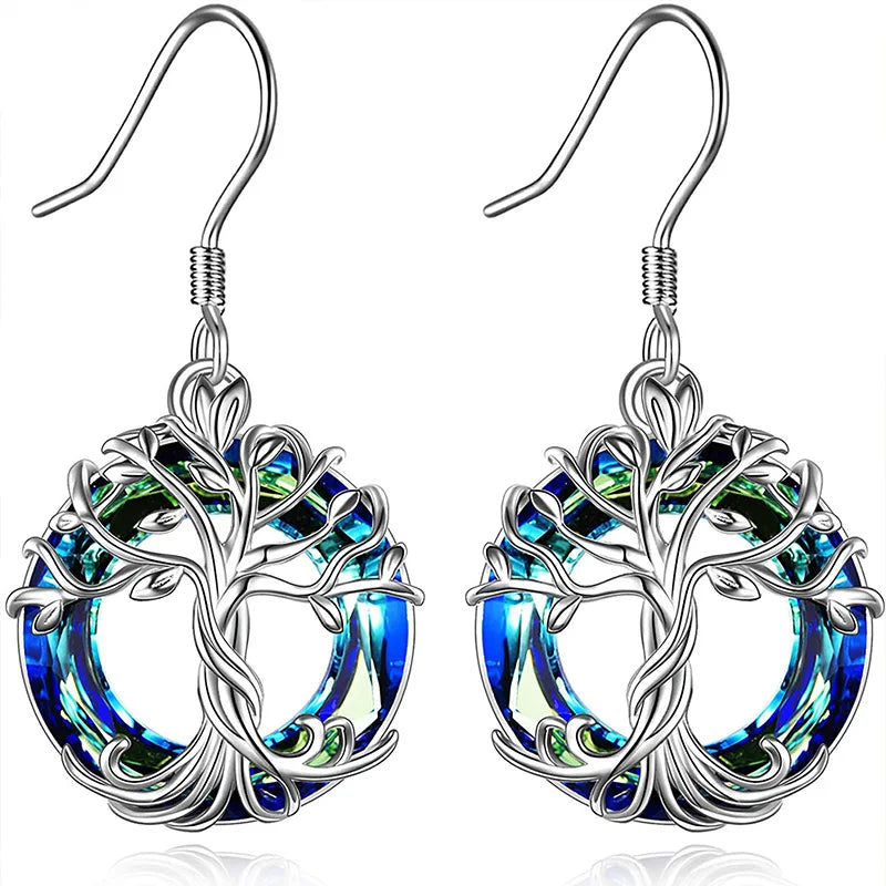 Tree of Life Drop Earrings with Purple & Aurora Crystals