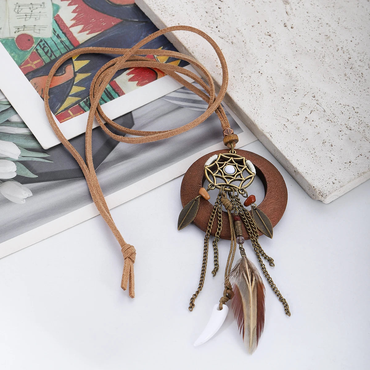 Vintage Boho Feather Tassel Earrings & Leaf Pendant Necklace