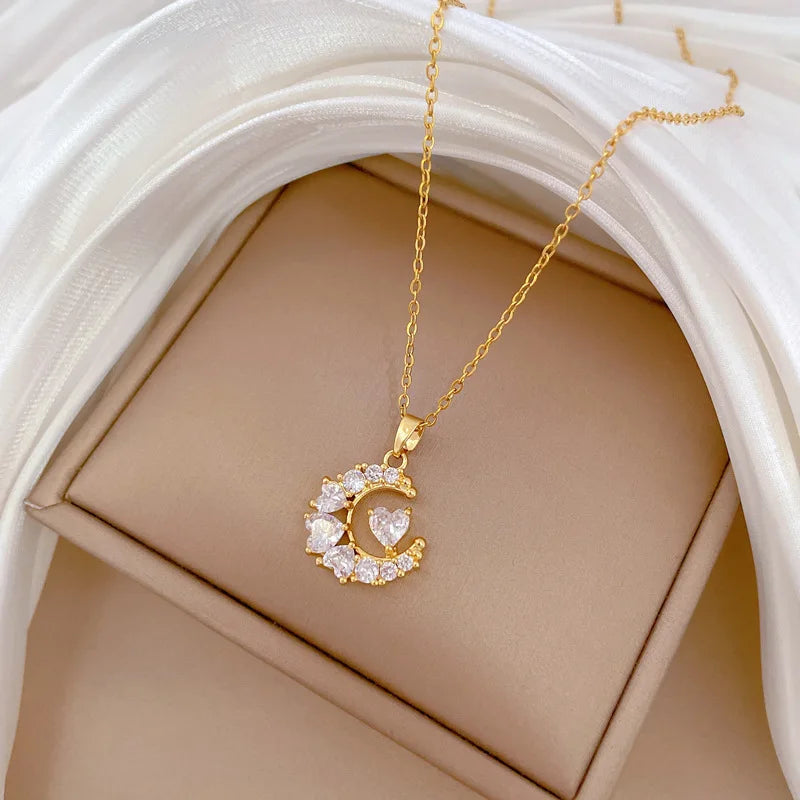 Heart-Studded Moon Pendant Necklace