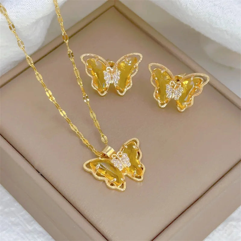 Butterfly Necklace & Earrings - Gold-Plated SS Jewelry Set