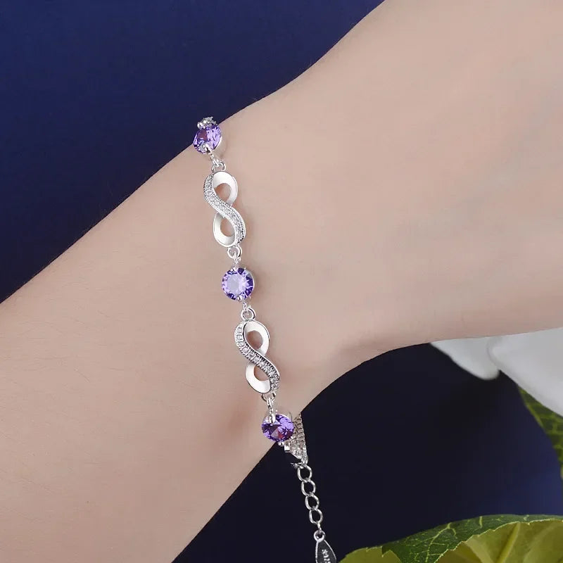 925 Sterling Silver Infinity Chain Bracelet – Elegant Zircon Charm