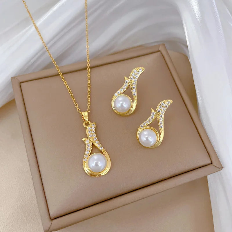 Fox Tail Pearl Jewelry Set - Water Drop Pendant Necklace & Earrings