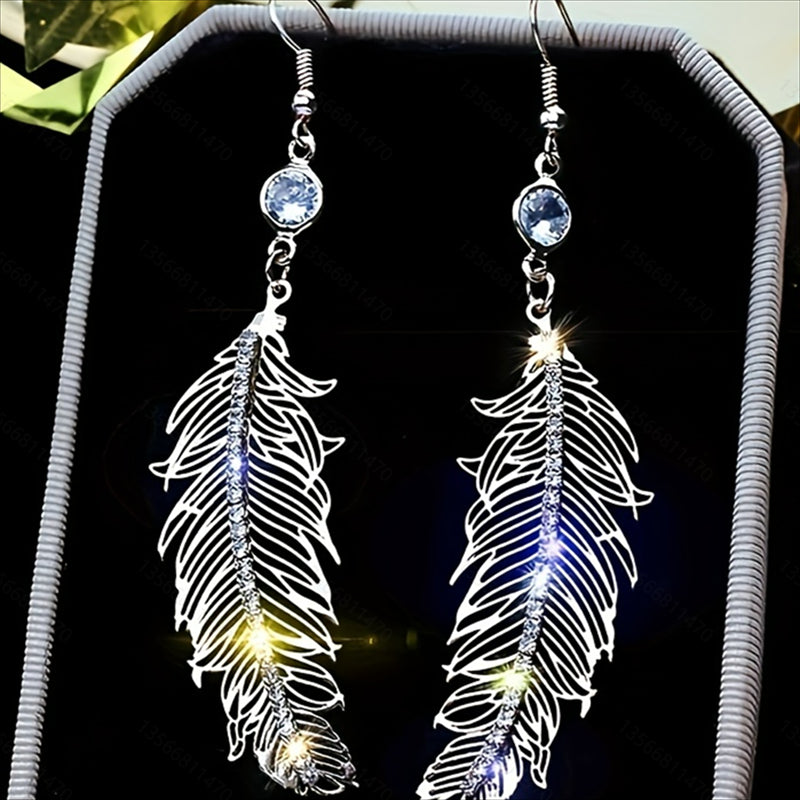 Silver Feather Water Drop Hook Earrings