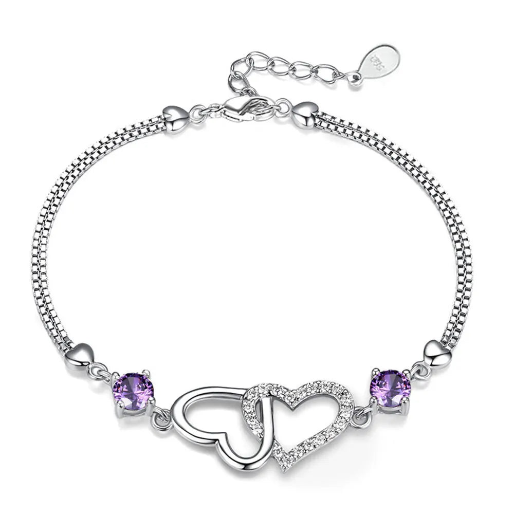 Amethyst Zircon Heart Charm Silver Bracelet