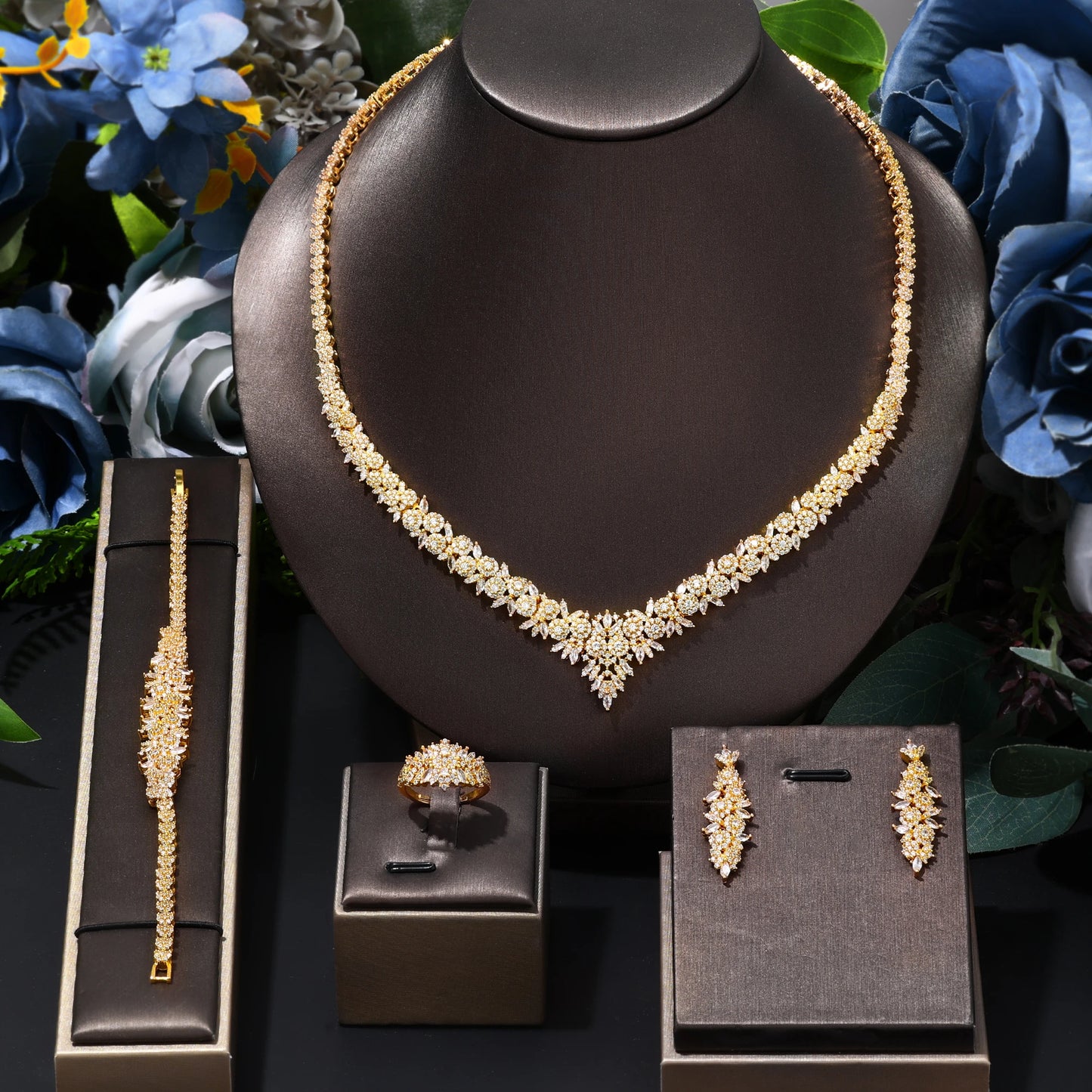 Luxury Cubic Zirconia Jewelry Set – Necklace, Ring, Bracelet & Earrings (Dubai Style)