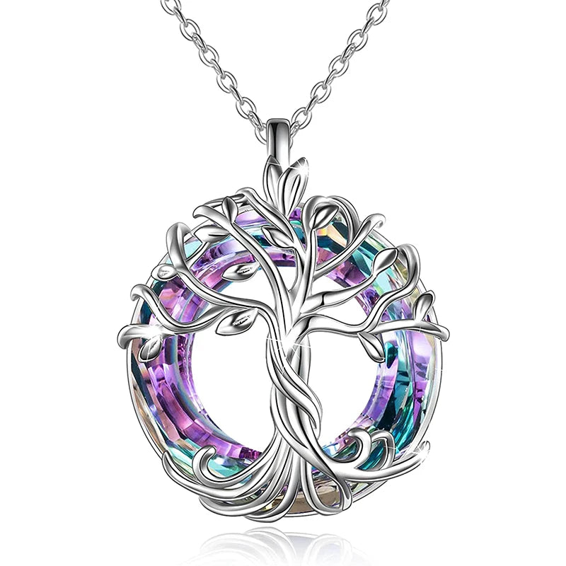Tree of Life Drop Earrings with Purple & Aurora Crystals