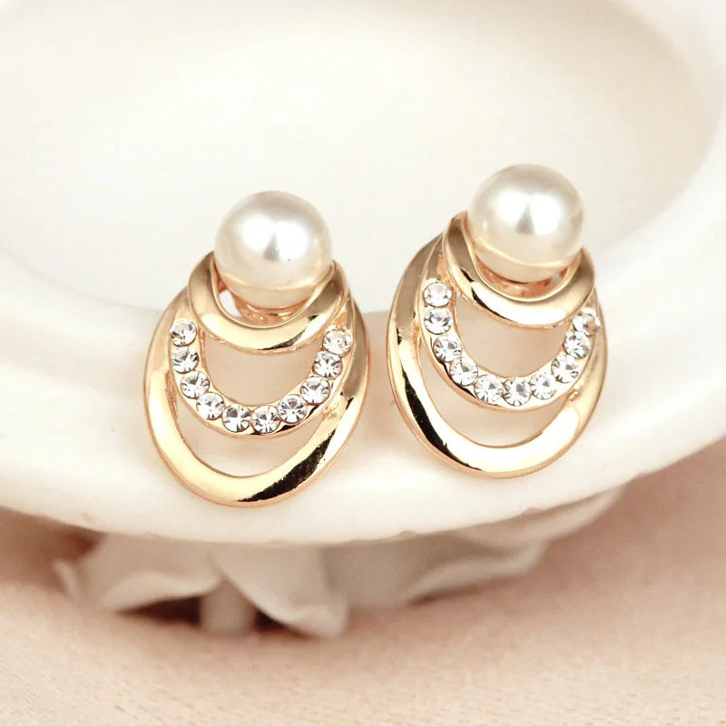 Multi-Layer Gold Circle Stud Earrings with Crystal Pearls
