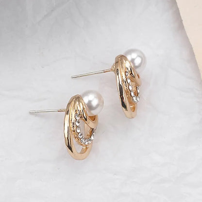 Multi-Layer Gold Circle Stud Earrings with Crystal Pearls