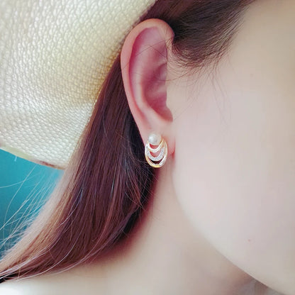 Multi-Layer Gold Circle Stud Earrings with Crystal Pearls