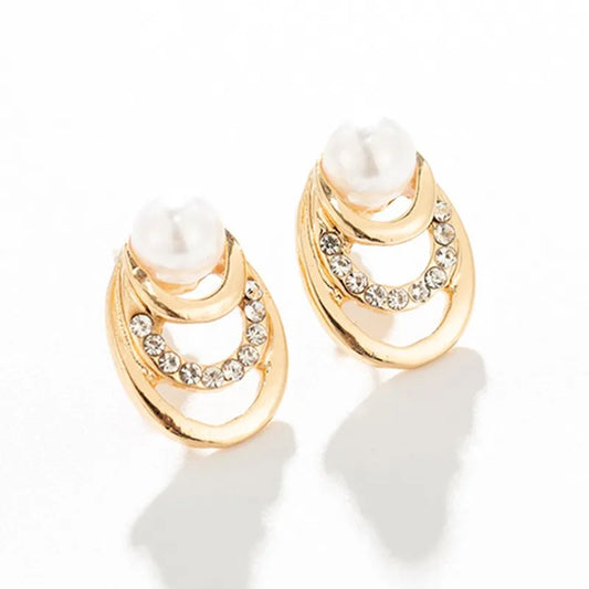 Multi-Layer Gold Circle Stud Earrings with Crystal Pearls