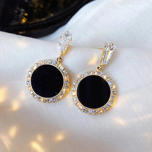 Black Round Rhinestone Drop Earrings - Elegant Hoops