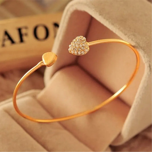 Adjustable Crystal Double Heart Bow Cuff Bracelet for Women