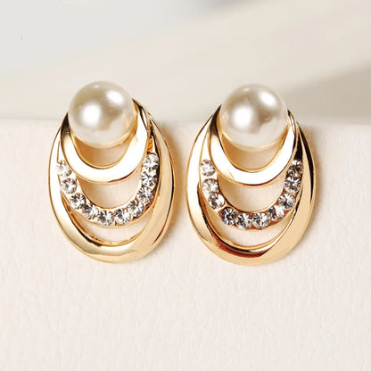 Multi-Layer Gold Circle Stud Earrings with Crystal Pearls