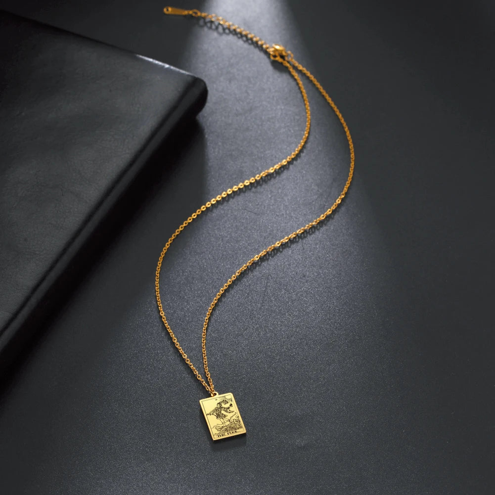Tarot Card Pendant Necklace – Stainless Steel Engraved Necklace