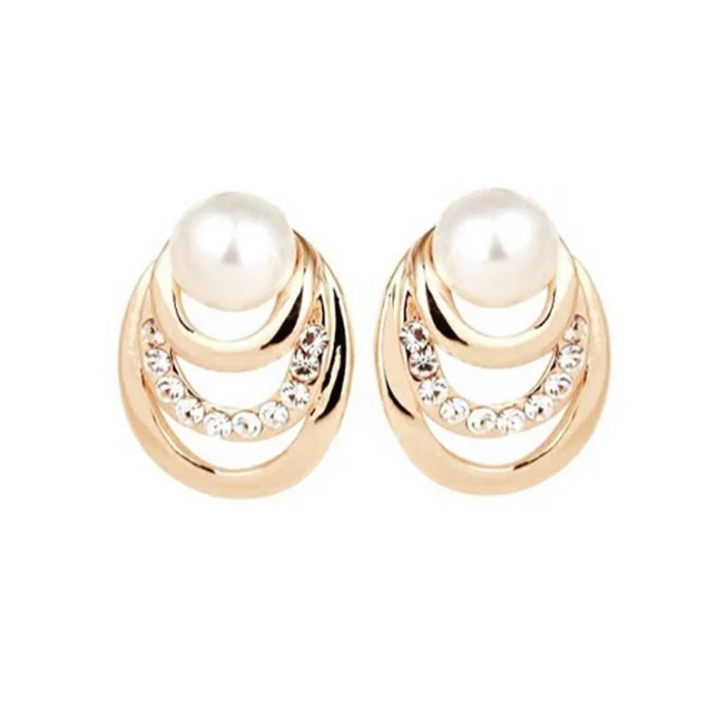 Multi-Layer Gold Circle Stud Earrings with Crystal Pearls