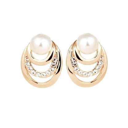 Multi-Layer Gold Circle Stud Earrings with Crystal Pearls