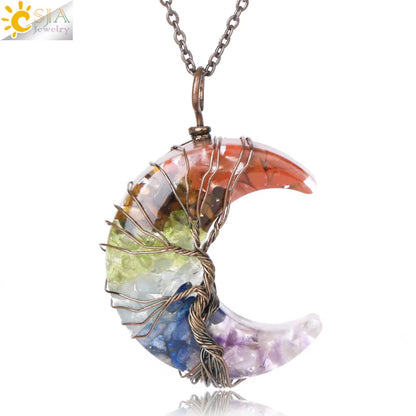 Tree of Life Crescent Moon Pendant – Wire-Wrapped Crystal Necklace