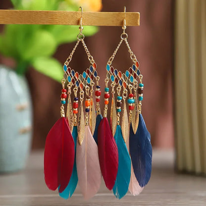 Bohemian Feather Dangle Earrings Long Tassel Colorful Beads