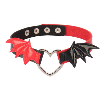 Gothic Bat Wing Choker - Leather Collar with Heart Pendant