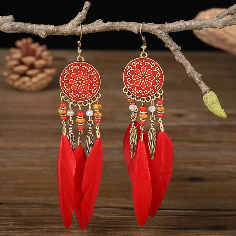 Boho Long Feather Tassel Earrings with Beads & Enamel