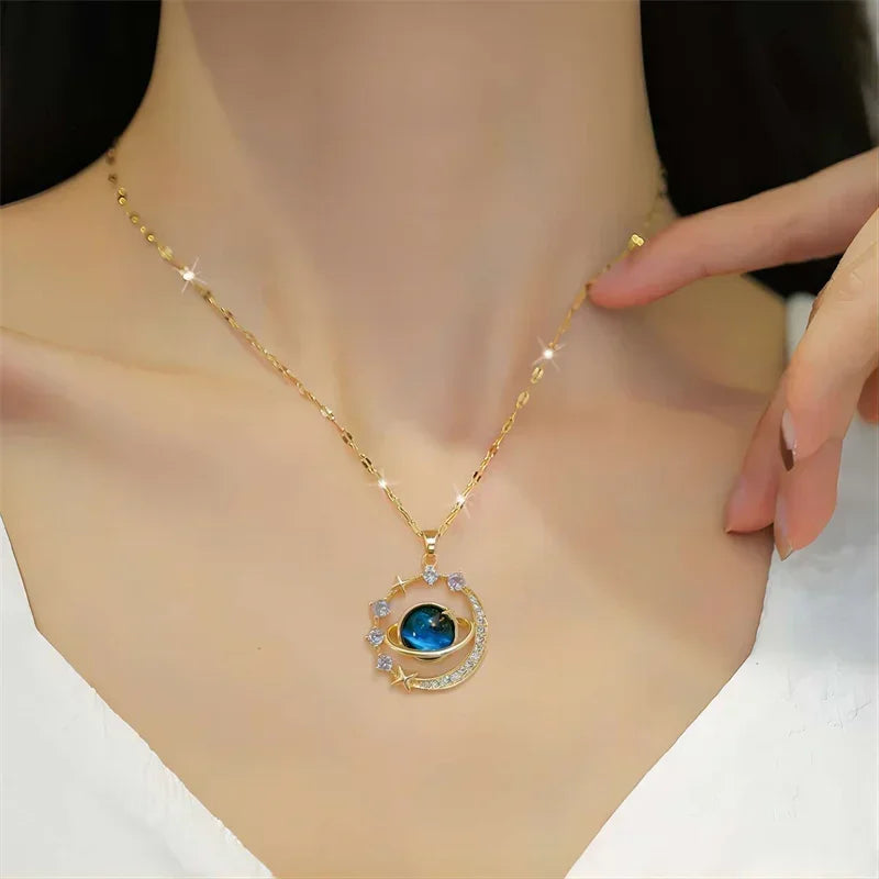 Starry Crescent Night Sky Pendant Necklace