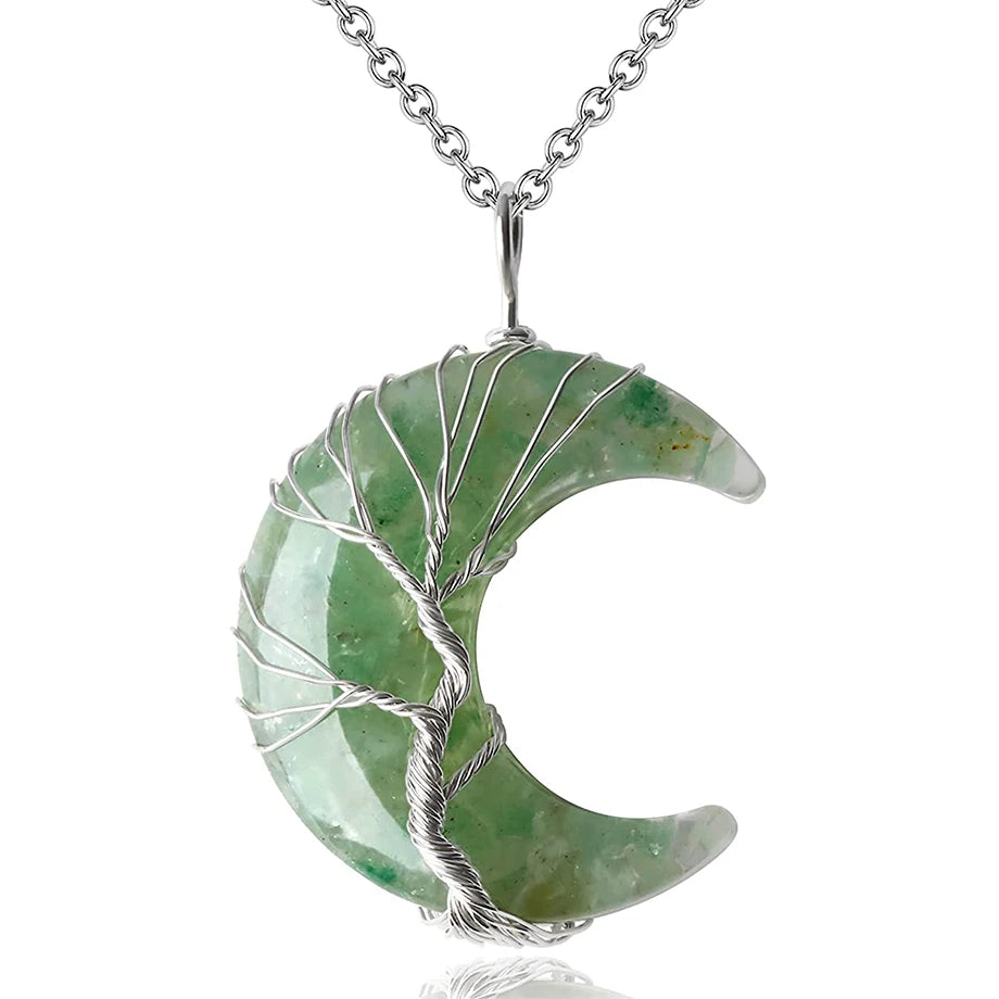 Tree of Life Crescent Moon Pendant – Wire-Wrapped Crystal Necklace