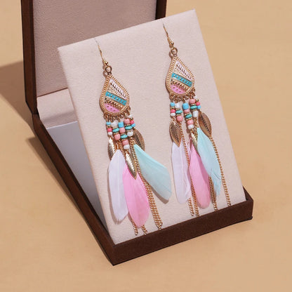 Boho Long Feather Tassel Earrings with Beads & Enamel