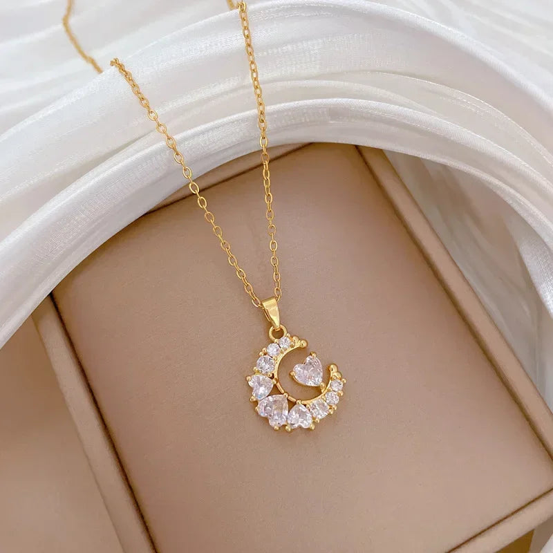 Heart-Studded Moon Pendant Necklace