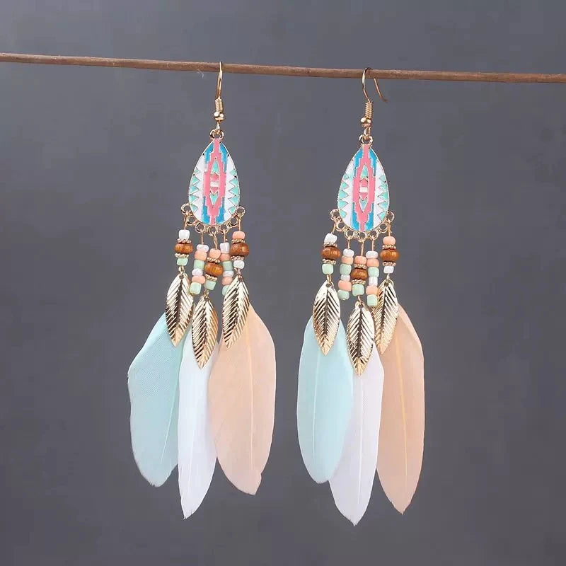 Boho Long Feather Tassel Earrings with Beads & Enamel
