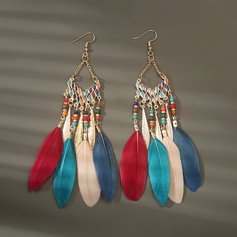 Boho Long Feather Tassel Earrings with Beads & Enamel