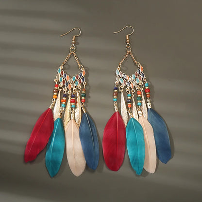 Boho Long Feather Tassel Earrings with Beads & Enamel