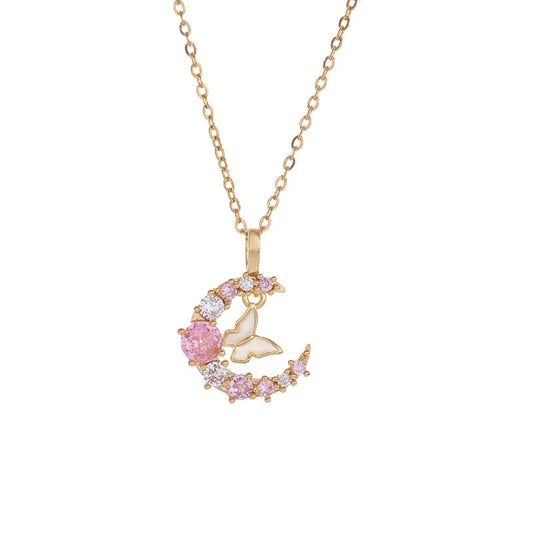 Gold Crescent Moon & Butterfly Pendant Necklace
