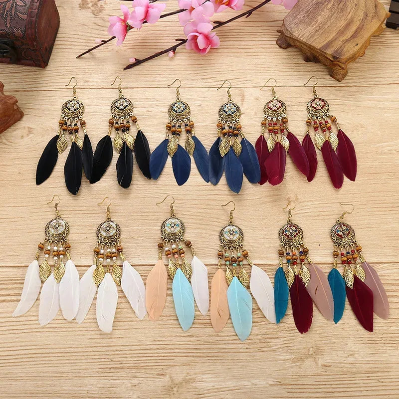 Bohemian Vintage Carved Leaf Feather Tassel Earrings