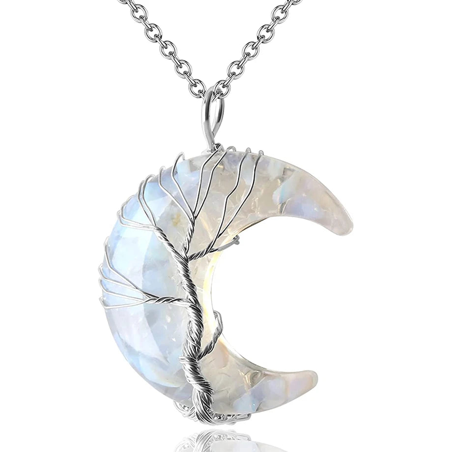 Tree of Life Crescent Moon Pendant – Wire-Wrapped Crystal Necklace