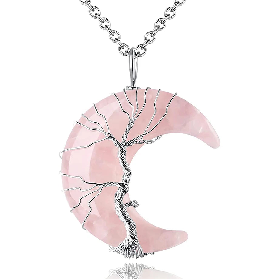 Tree of Life Crescent Moon Pendant – Wire-Wrapped Crystal Necklace