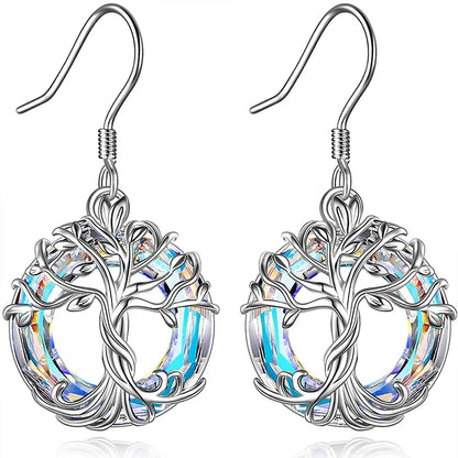 Tree of Life Drop Earrings with Purple & Aurora Crystals
