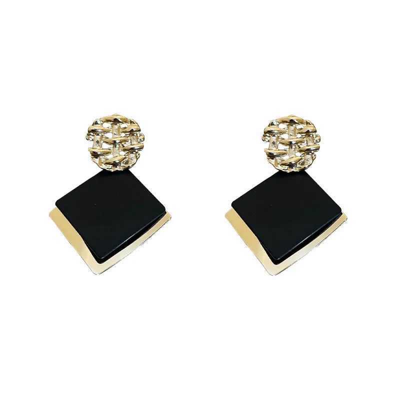 Rhombus Shape Geometric Drop Earrings in Hollow Golden Metal Lattice