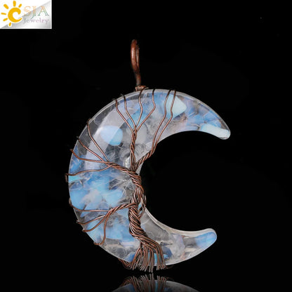 Tree of Life Crescent Moon Pendant – Wire-Wrapped Crystal Necklace
