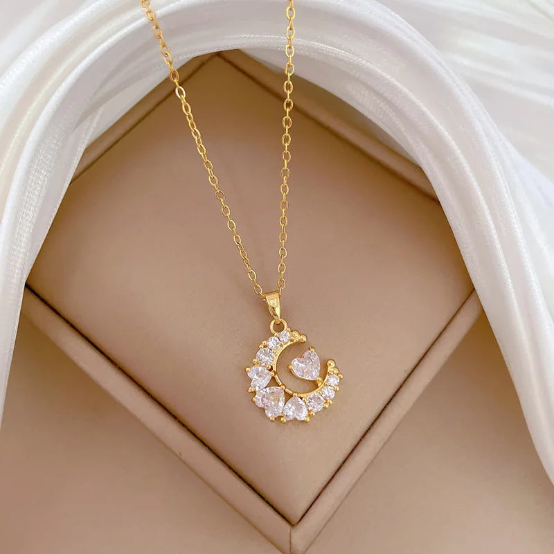 Heart-Studded Moon Pendant Necklace