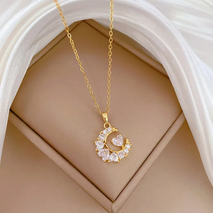 Heart-Studded Moon Pendant Necklace