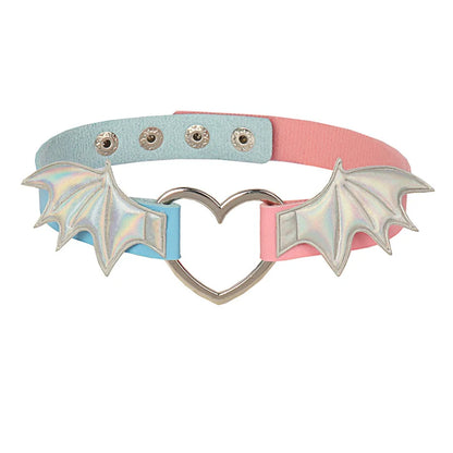 Gothic Bat Wing Choker - Leather Collar with Heart Pendant