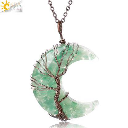 Tree of Life Crescent Moon Pendant – Wire-Wrapped Crystal Necklace